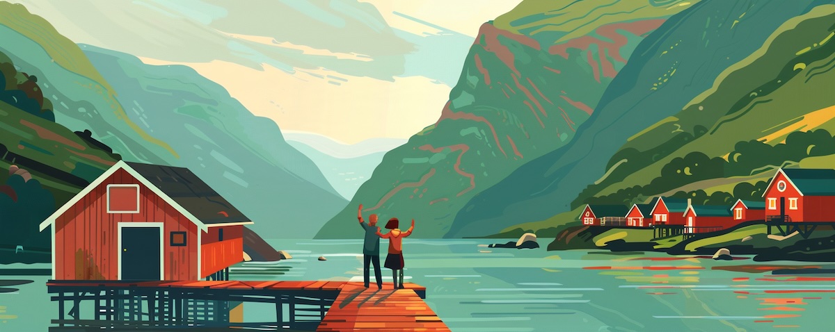 Zwei Freunde winken sich zum Abschied am Fjord zu: Tschüss auf Norwegisch heißt Ha det